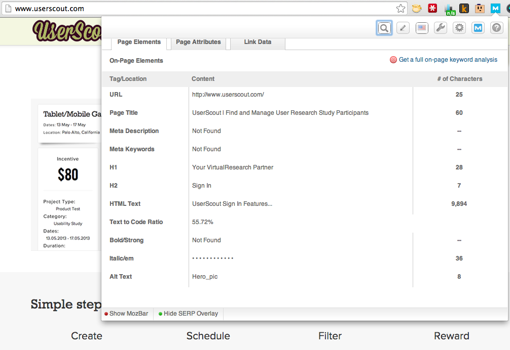 Userscout metrics with Moz toolbar